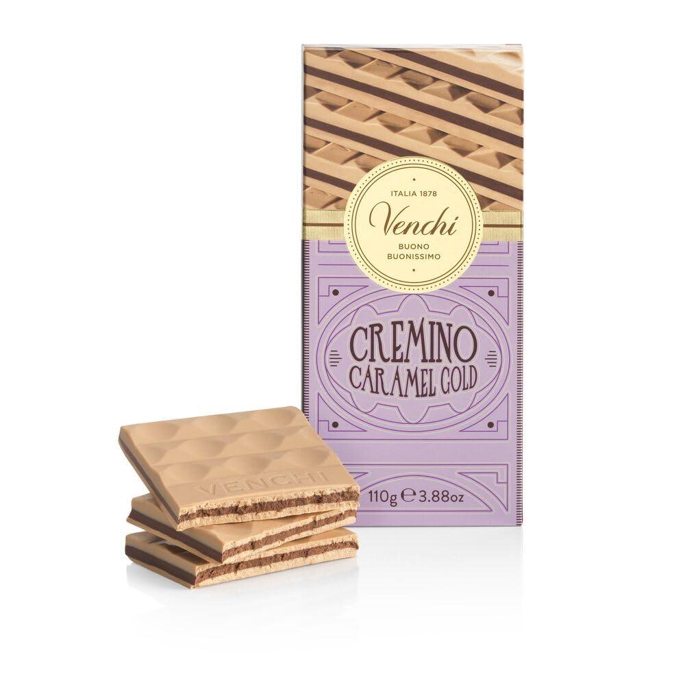 Venchi Chocolate Bar: Gold Caramel Cremino, 3.52 oz - Dark Chocolate with Almond paste layered with White Chocolate and Caramel- Naturally Gluten Free