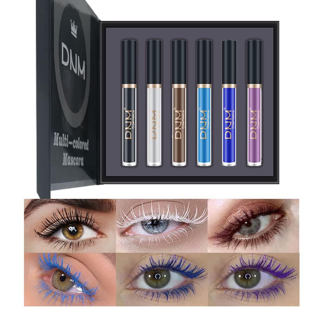 Colored Colorful Waterproof Mascara for Eyelashes Set,Blue White Black Brown Purple Long lasting Charming Voluminous Cruelty Free Vegan Eye Makeup (D-6 Colors 01, D)