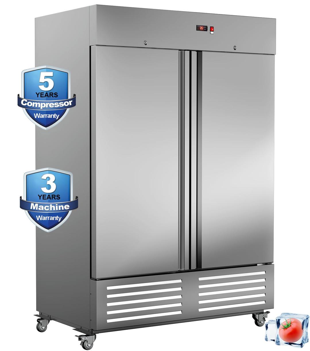 54"W 2 Door Commercial Refrigerator Stainless Steel Fan Cooling 49 Cu.ft Refrigerator for Restaurant, Bar, Shop Upright 33℉~41℉, Stainless Steel Reach-in, ETL and DOE Approved