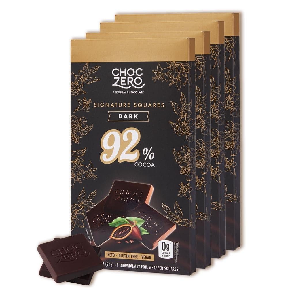 ChocZero 92% Cocoa Ultimate Dark Chocolate, Sugar Free, Low Carb, All Natural, Keto Friendly, 3.2 Ounce (Pack of 4)