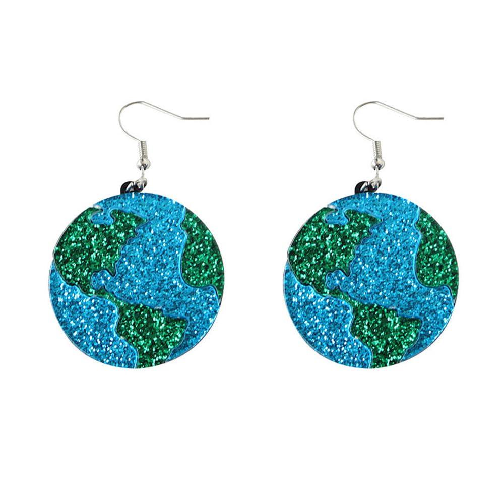 Glitter Round Earth Dangle Earrings for Women Girls Blue Green Acrylic Shiny Circle Ocean World Earth Day Statement Charms Drop Dangling Hook Stud Lightweight Cute Holiday Party Y2K Jewelry Gifts Souvenirs