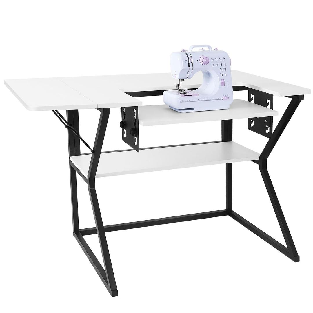 Sewing Table, Large Sewing Machine Table with Adjustable Platform,Sewing Tables for Sewing Machines with Storage Shelf-White