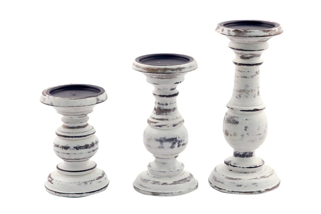 Benzara Wooden Pillar Shaped Candleholder, Set of 3, White