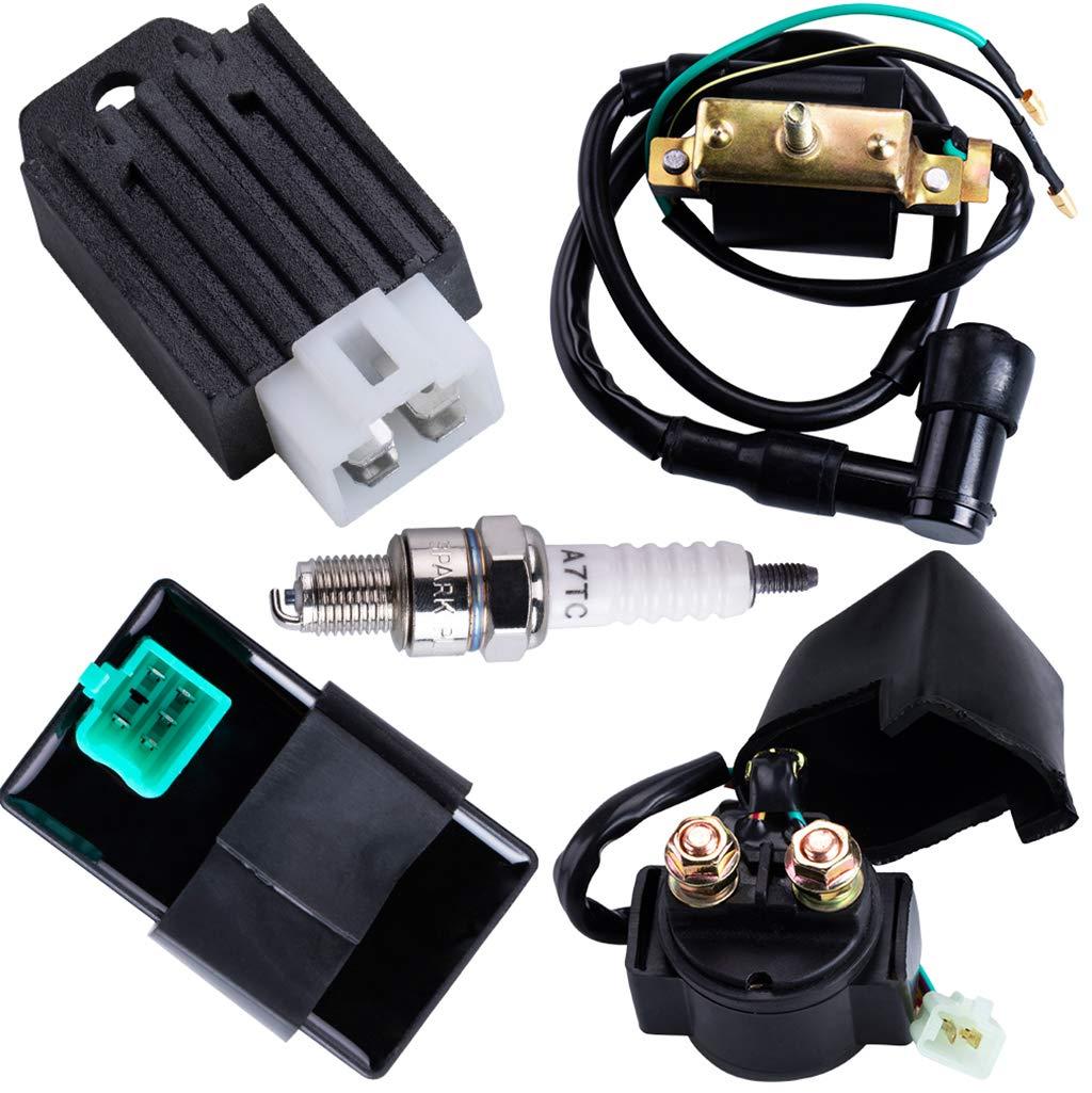 CDI Box Ignition Coil 5 Pin Regulator Rectifier Relay Spark Plug for Kazuma Meerkat 50cc Falcon 70cc 90cc 110cc Taotao Roketa Coolster 110CC ATV 3050B X15 X 18 R Nitro X19 SSR Pocket Bike