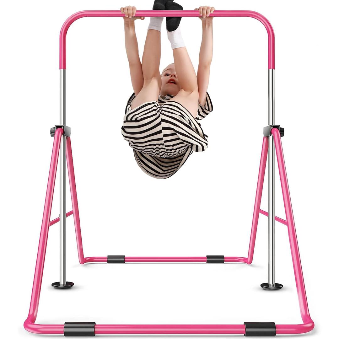 Sportsroyals Gymnastics Bar for Kids,Adjustable Height Gymnastic Horizontal Bars,Folding Gymnastic Junior Training Kip Bar for Home, Pink