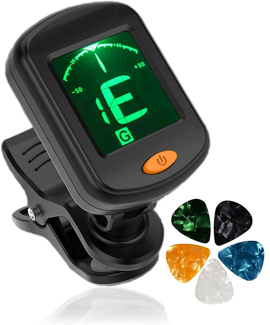 DEVICE OF URBAN INFOTECH Professional Clip On Guitar Tuner with 5 Picks LCD Display Chromatic Digital Tuner for All Instruments Ukelele Guitar Bass Mandolin Violin Banjo, BLACK