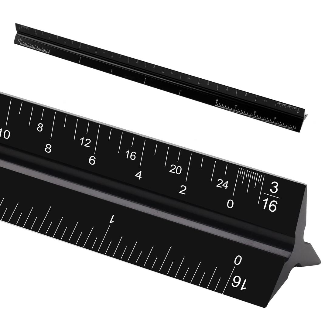 12" Architectural Scale Ruler, Aluminum Scale, Triangular Ruler, Scale Ruler for Blueprint Imperial Measurements for Architects Engineering Artists, Draftsman Drawing, Laser-Etched Markings.(Black)