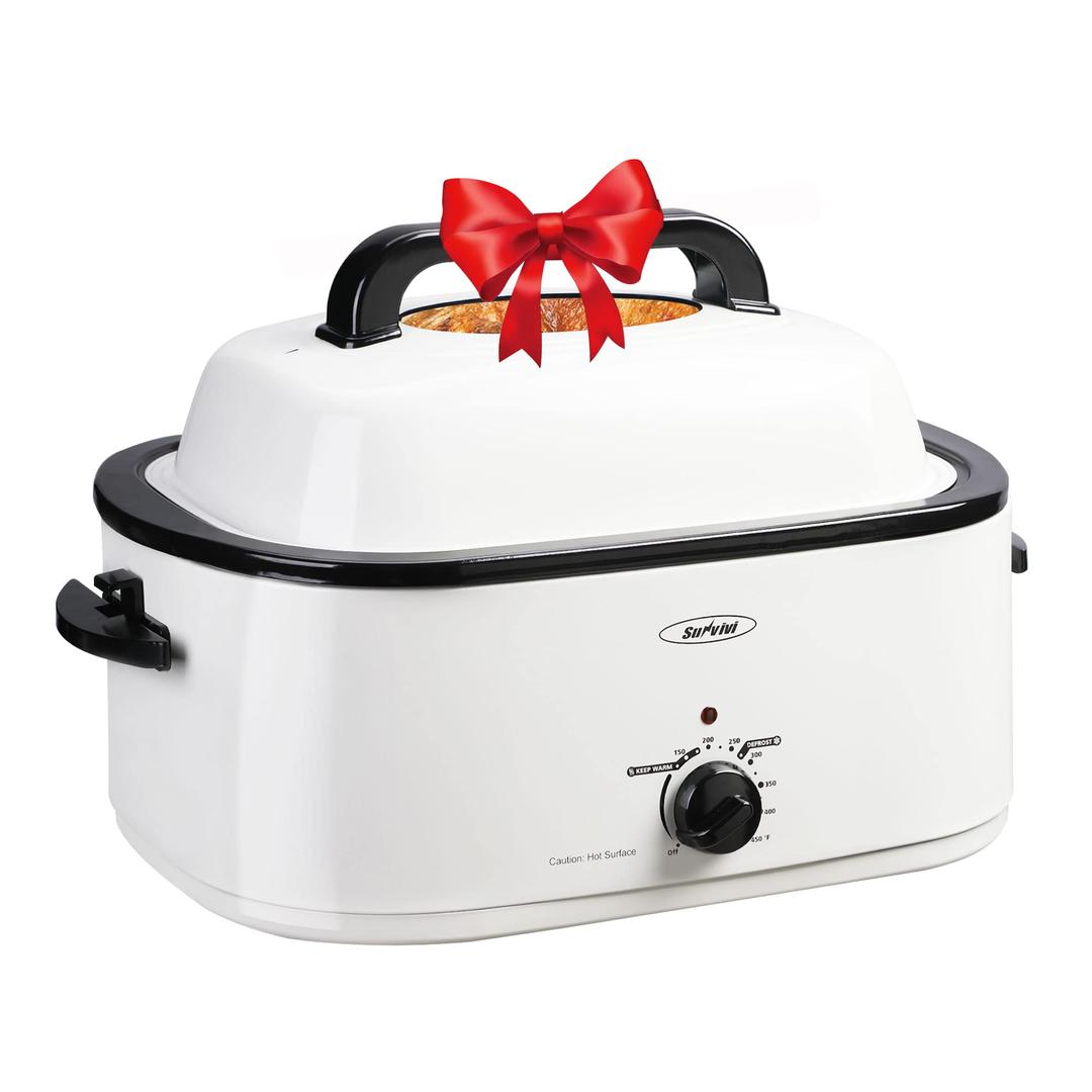 Sunvivi 26-Quart Roaster Oven, Electric Roaster Oven with Viewing Lid, Sunvivi Turkey Roaster with Unique Defrost/Warm Function, Large Roaster with with Removable Pan & Rack, Stainless Steel, White