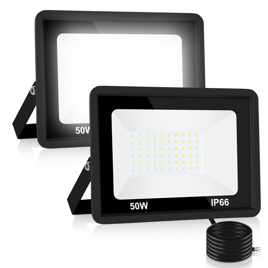 SWORDFORCE 50W LED Flood Light Outdoor, LED Work Light,Floodlight Fixture IP66 Waterproof, 6500K 2 Pack Security Light for Yard Garden Stadium Garage Playground