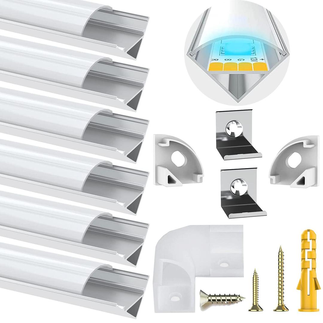 6 Pack Led Aluminum Profile, 1Meter/3.3ft V-Shape Led Aluminum Channel, Led Profile with Milky White Cover. LED Channels and LED Diffusers with End Caps, Mounting Clips and Corner Connectors