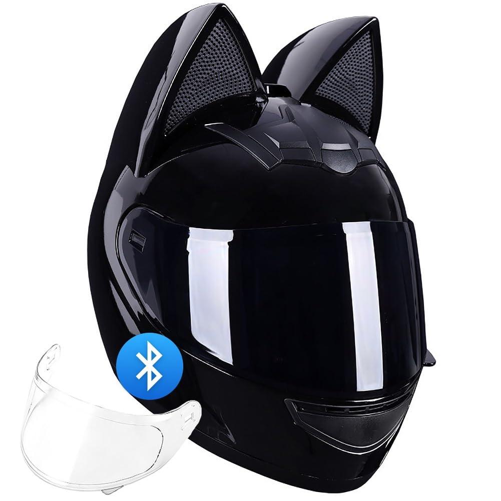 Personalized Cat Ear Bluetooth Motorcycle Helmet, DOT FMVSS-218 Certification Full Face Motorbike Helmet, Cool Cute Cat Helmets with Clear Visor, for Men and Women