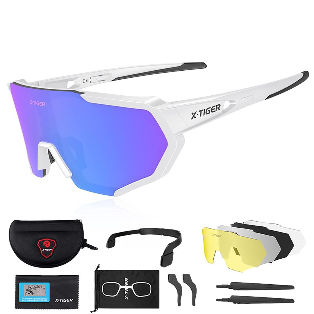 X-TIGERPolarized Sports Sunglasses with 5 Interchangeable Lenses,Mens Womens Cycling Bike Glasses,Baseball Running Fishing