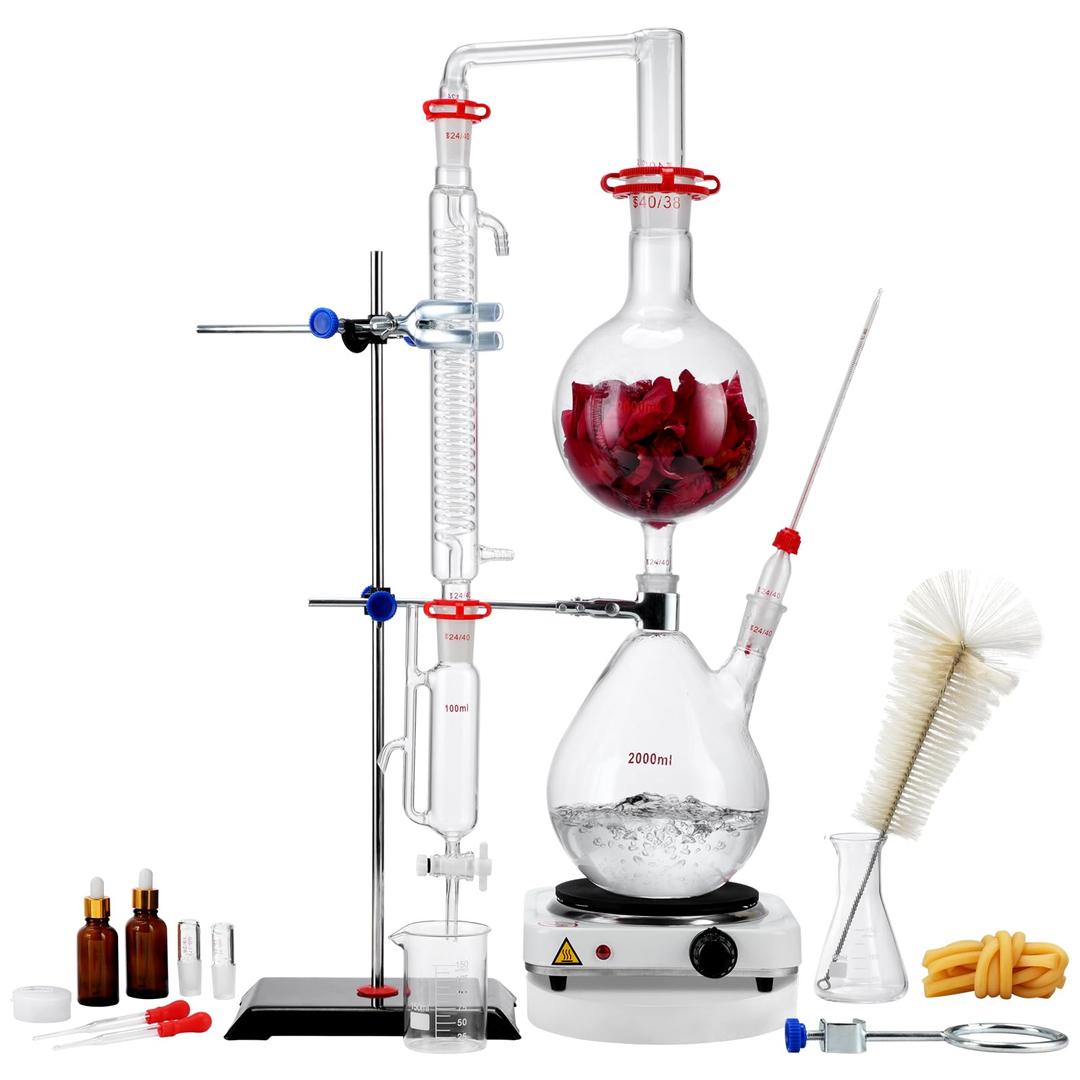 VEVOR Essential Oil Distillation Kit, 2000ml Distillation Apparatus, 3.3 Boro Lab Glassware Distillation Kit with 1000W Heating Plate and 24, 40 Joint, 28 pcs Set