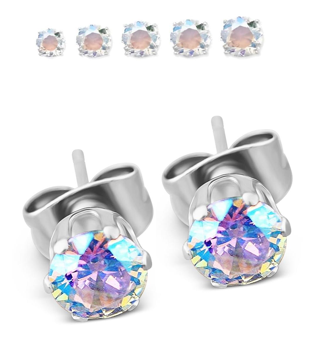 Niche-Finds5 Pairs of Surgical Stainless Steel Aurora Borealis Crystal CZ Stud Earrings 3,4,5,6, & 7mm