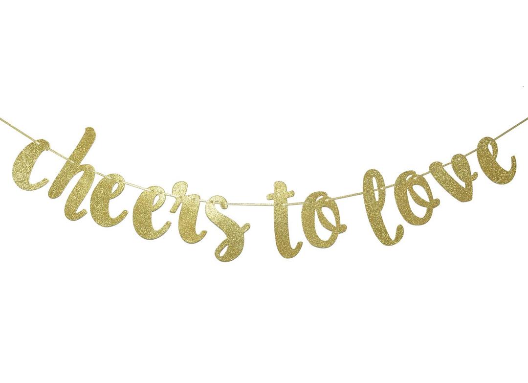 Cheers to Love Banner Hanging Garland for Bachelorette, Engagement or Wedding Party Decorations Bridal Shower Photo Prop Sign (Gold Glitter)