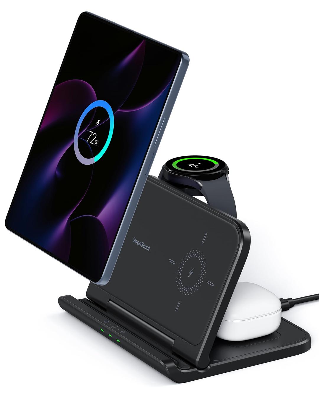 Wireless Charger Stand for Samsung Z Fold 6,5,4,3,2,1/Pixel 9 Pro Fold, SwanScout 705S, 25W Charging Station for Galaxy Z Fold, Galaxy Watch Ultra/7/6/5/4/3 & Galaxy Buds 3 (No Adapter)