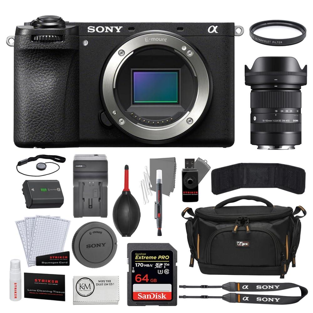 Sonya6700 Mirrorless Camera Bundled with Sigma 18-50mm f/2.8 DC DN Lens + 64GB Memory Card + Photo Starter Kit + Camera Case + Charger + 55mm Filter + Cleaning Cloth (8 Items)