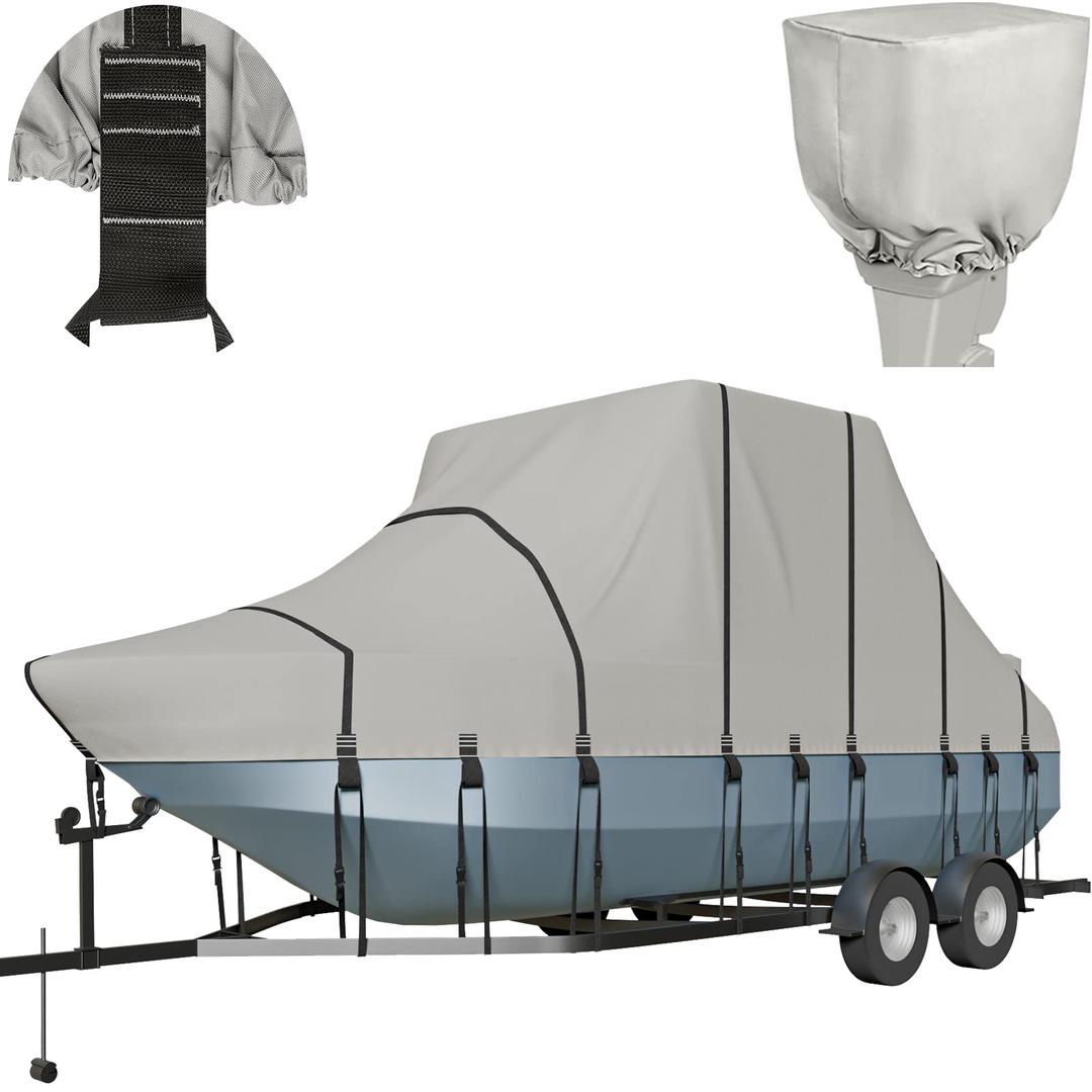 Heavy Duty T-Top Boat Cover 900D Solution Dyed Trailerable T Top Boat Cover with 19 Windproof Straps Fit 21'-23' Long Beam Width Up to 106" Center Console Boat with T Top Roof