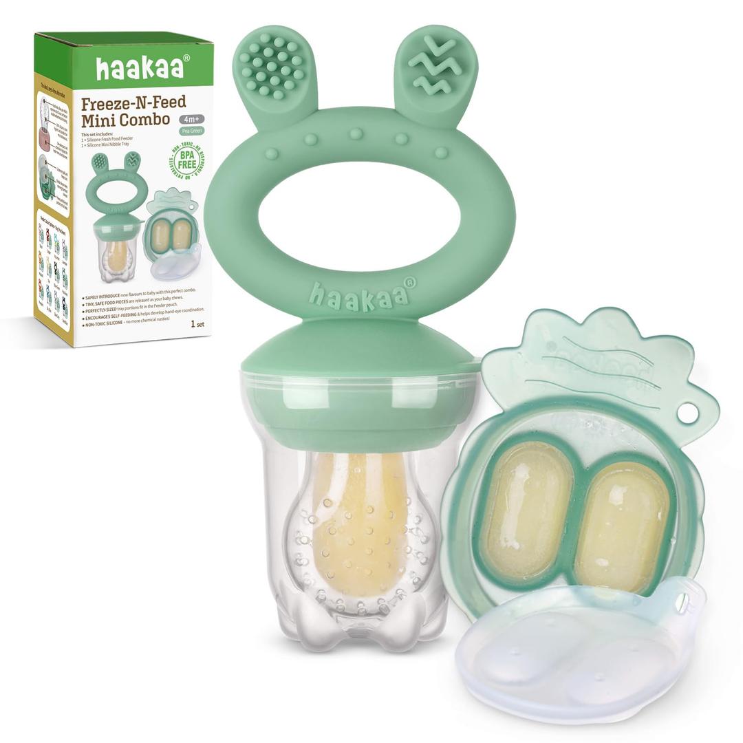 Haakaa Baby Fruit Food Feeder & Mini Freezer Nibble Tray Combo, Breastmilk Popsicle Molds for Cooling Relief, BPA Free Silicone Feeder for Safe Infant Self Feeding, 4 Month+ (Pea Green)