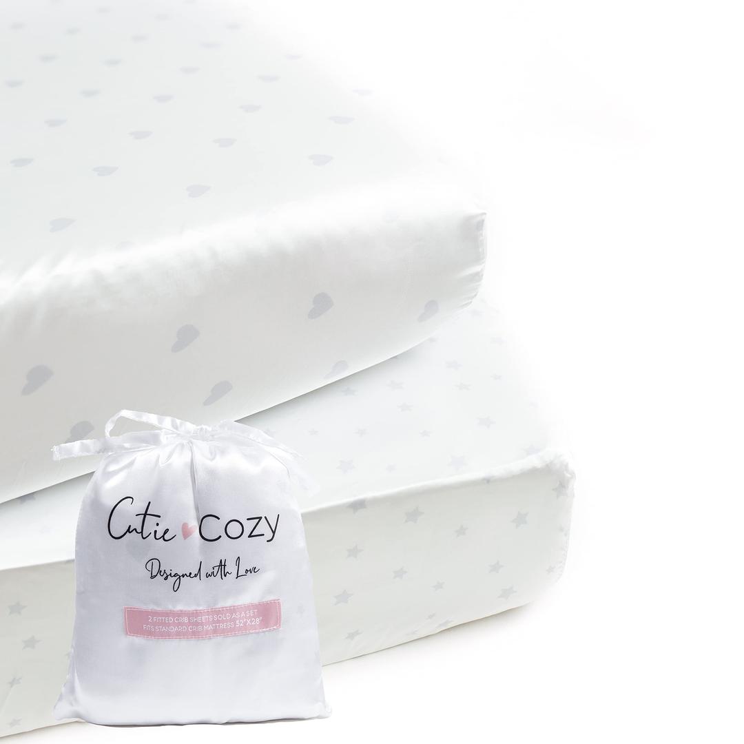 Satin Fitted Crib Sheet (2 Pack) Premium Oeko-TEX Certified Satin Crib Sheet Set, Prevents Bald Spots Like Silk Crib Sheets for Baby Hair (White with Light Gray Hearts & Stars)