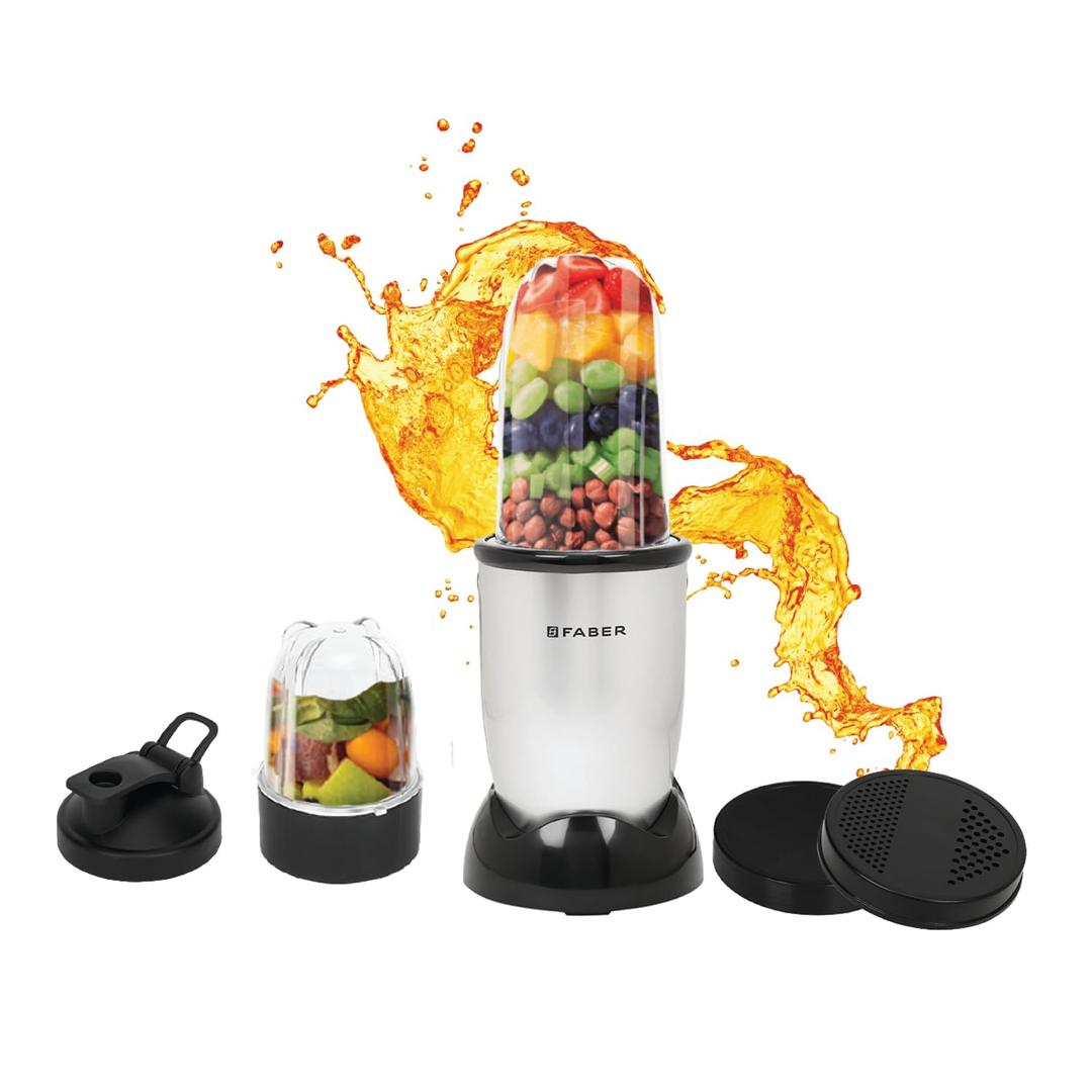 Faber 2-In-1 Sportz Blender | Smoothie & Grinding Jar (Wet & Dry) | Abs Body, Detachable Ss Blades, 400 Watts Motor, 1 Sipper Cap & 3 Lids, 2 Spill Proof Jars | (Silver)