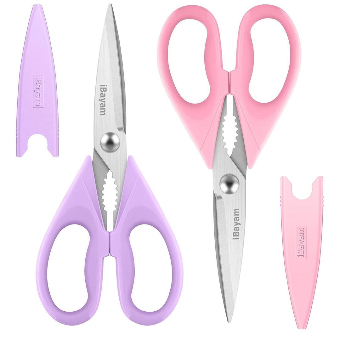 Kitchen Shears, iBayam Kitchen Scissors All Purpose Heavy Duty Meat Scissors Poultry Shears, Dishwasher Safe Food Cooking Scissors Stainless Steel Utility Scissors, 2-Pack, Pastel Pink, Soft Purple