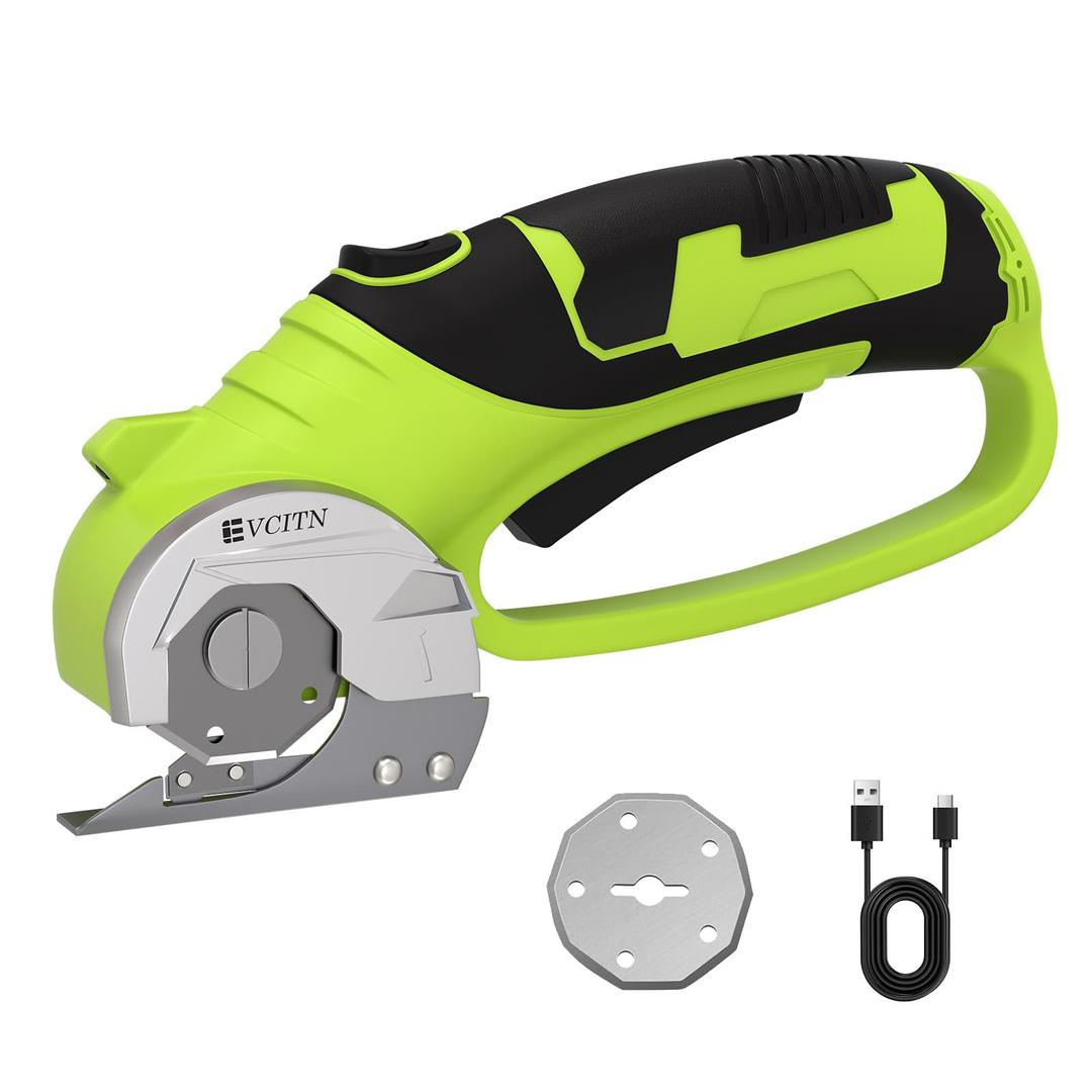 Cordless Electric Scissors, Cardboard Cutter with Replacement Self-Sharpening Cutter Blade and Safety Lock, Rotary Cutter with LED Light for Fabric, Carpet, Leather or Plastic, Green