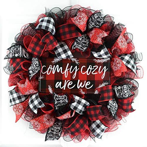 Clearance Buffalo Plaid Check Wreath | Comfy Cozy Are We Christmas Wreath; White Red Black