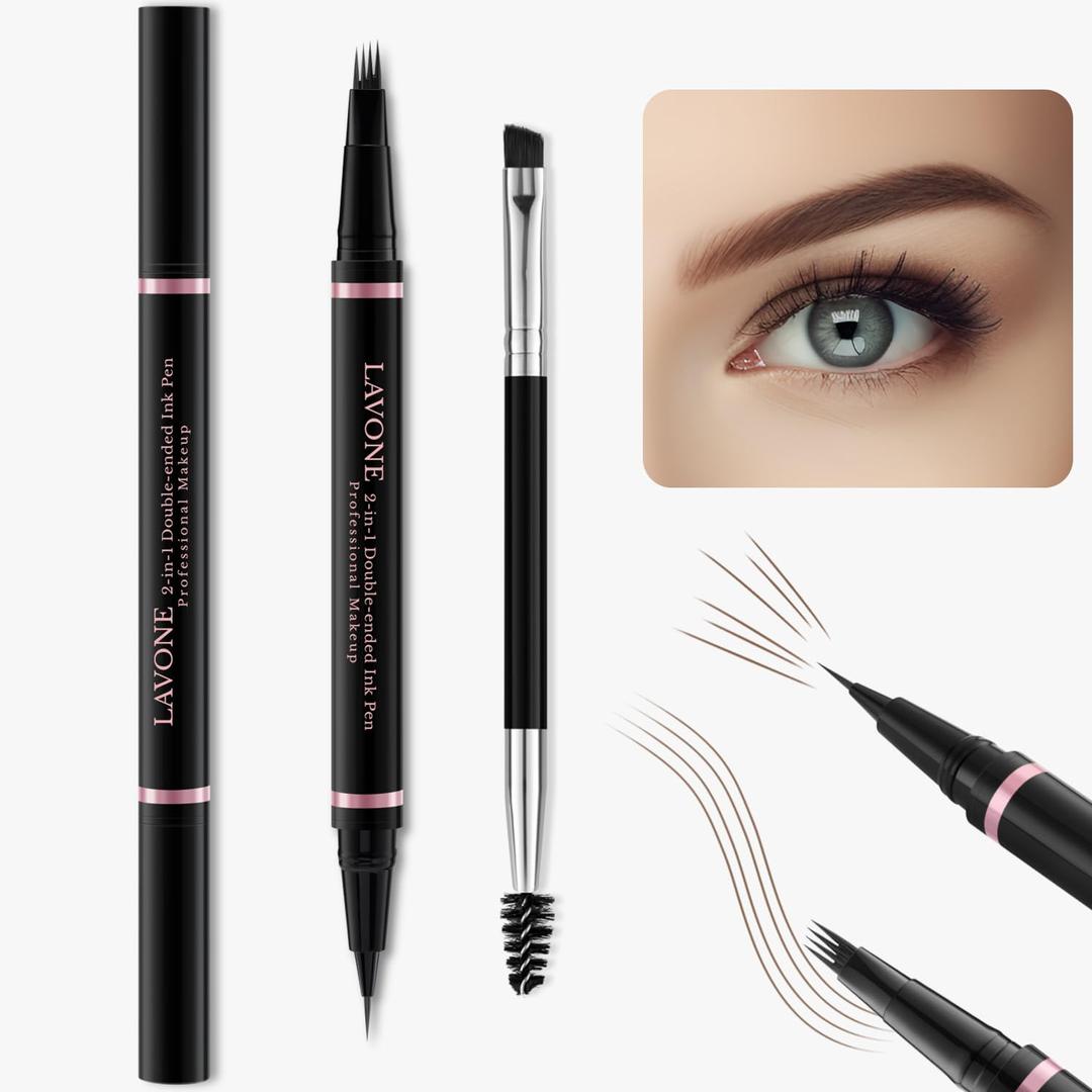 Eyebrow Pencil,2-in-1 Waterproof Eyebrow Pen with 4 Tip Brow Pen and Ultra-Precise Brow Pencil,with Dual-ended Eyebrow Brush,Eyebrow Makeup for Natural Looking Eyebrows-Dark Brown