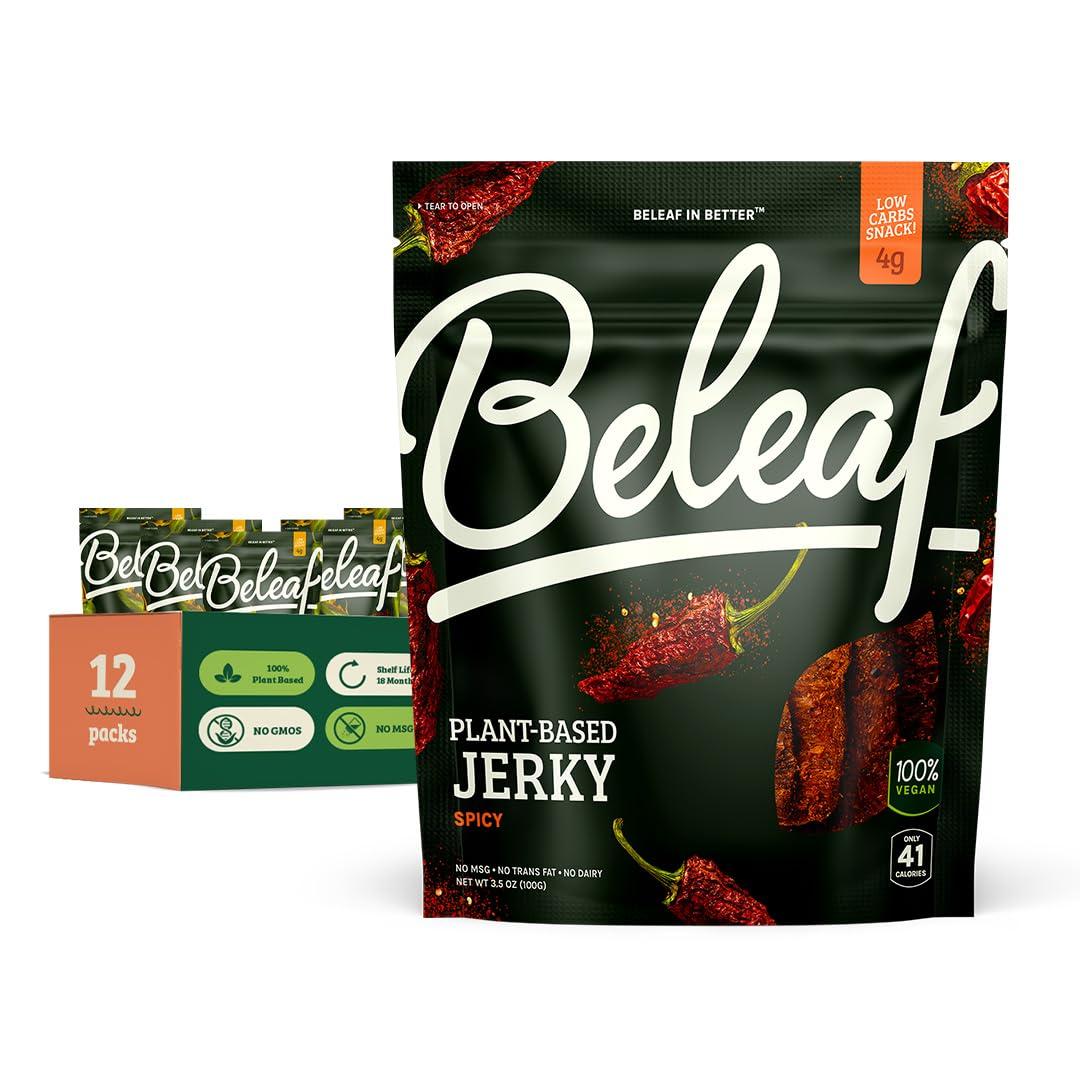 Beleaf Spicy Plant-Based Jerky: High-Protein Snack – Healthy and Flavorful Vegan Jerky for On-the-Go Energy – Tasty Meatless, Vegetarian Meat Alternative (1 Pack)