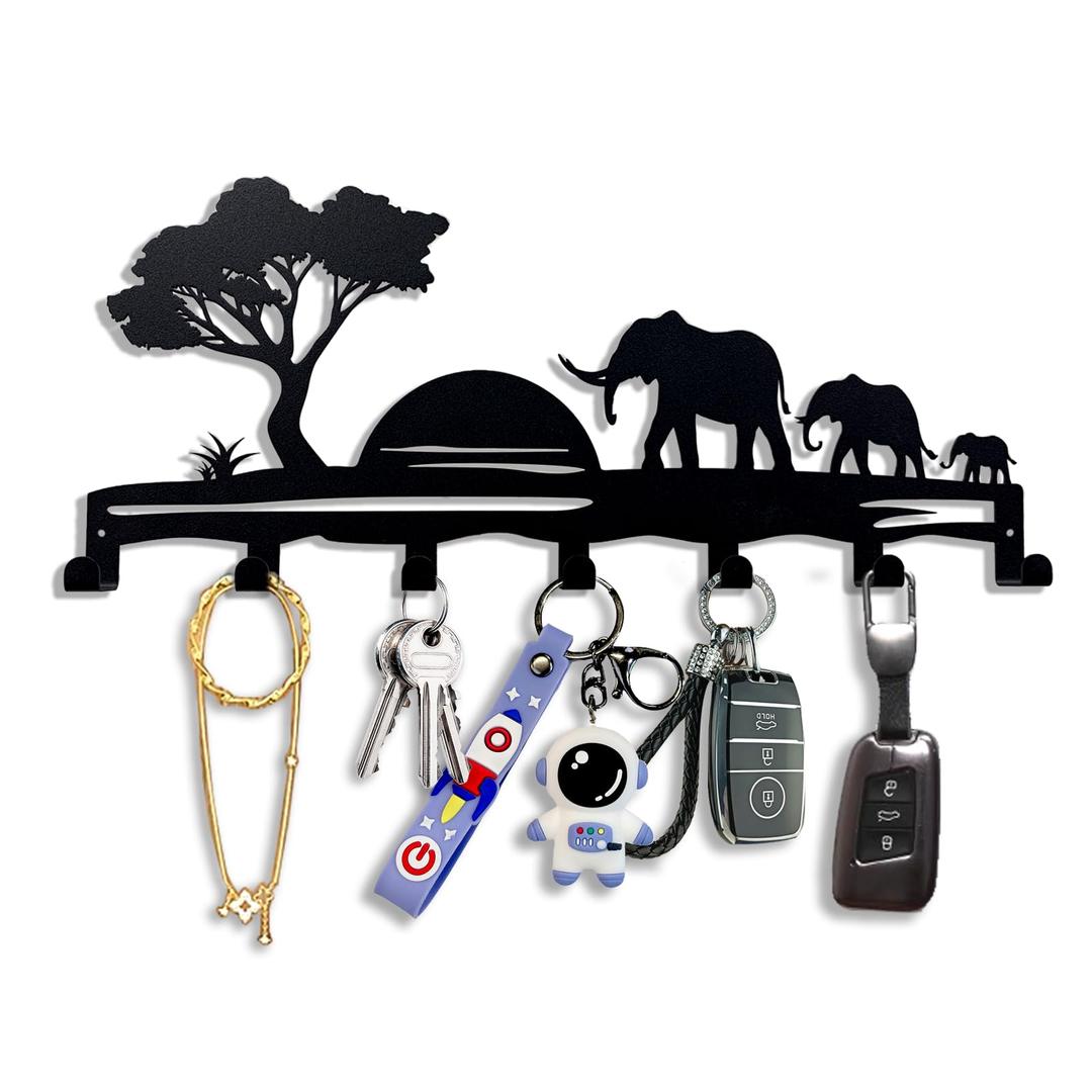 Elephant Family Metal Key Hook Rack - African Savannah Sunset Wall Decor - Practical and Artistic Key Organizer, Hallway, Kitchen, Office