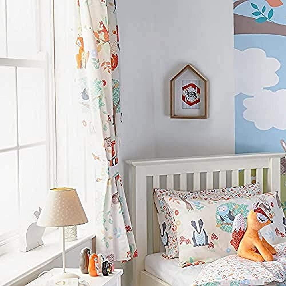 Riva Paoletti Kids Woodland Pencil Pleat Curtains (Pair) - Green and Cream - Matching Tiebacks - Machine Washable - 168cm width x 183cm drop (66" x 72" inches) - Designed in the UK