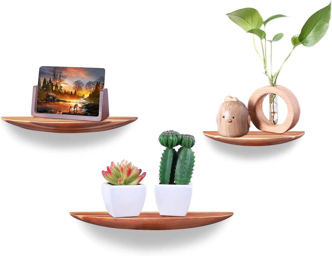 Unique Half Round Wall Floating Shelves Arc Bottom Design, Set Of 3, Elegant Display & Organizer Semicircle Wall Shelf Decor w/ Invisible Brackets, Rustic Wood Shelf Decorate Plant Books Small Artwork