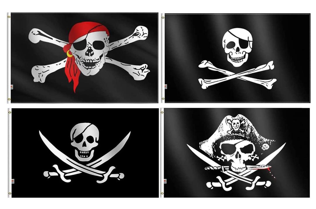 4-Pack Set Pirate Dead Man's Chest Flag&Jolly Roger Skull Flag&Pirate Broadsword &Jack Rackham Black Beard Pirates Flags