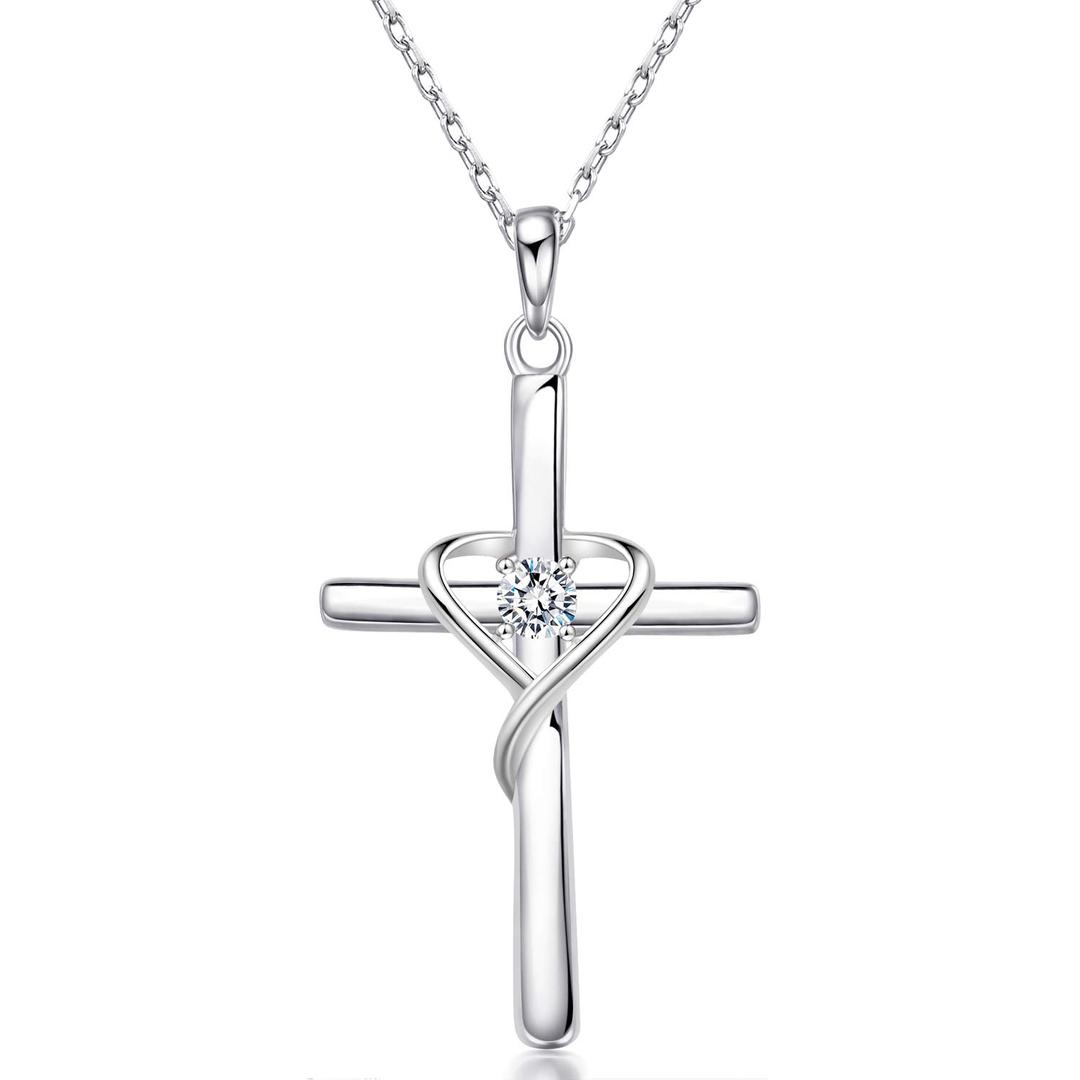 AmorAime925 Sterling Silver Cross Necklace for Women Men 5A CZ Birthstone Necklaces 14K Gold Plated or Rose Gold Necklace for Festival, Vacation or Holiday