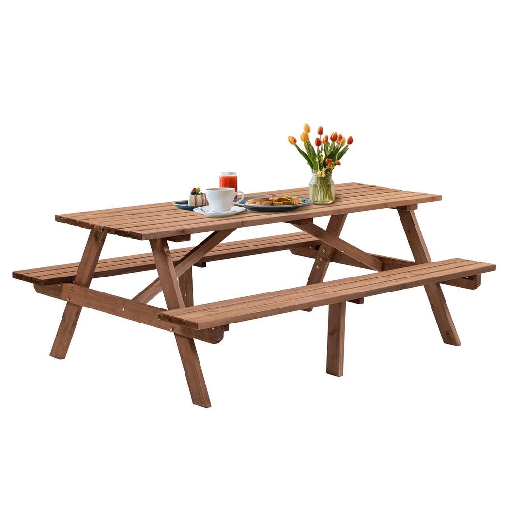 Wood Outdoor Picnic Table Picnic Tables with Benches and Umbrella Hole, Classic Picnic Table Bench Set for 6 or 8 Person Outdoor Picnic Table for Backyard, Porch, Patio, and Deck