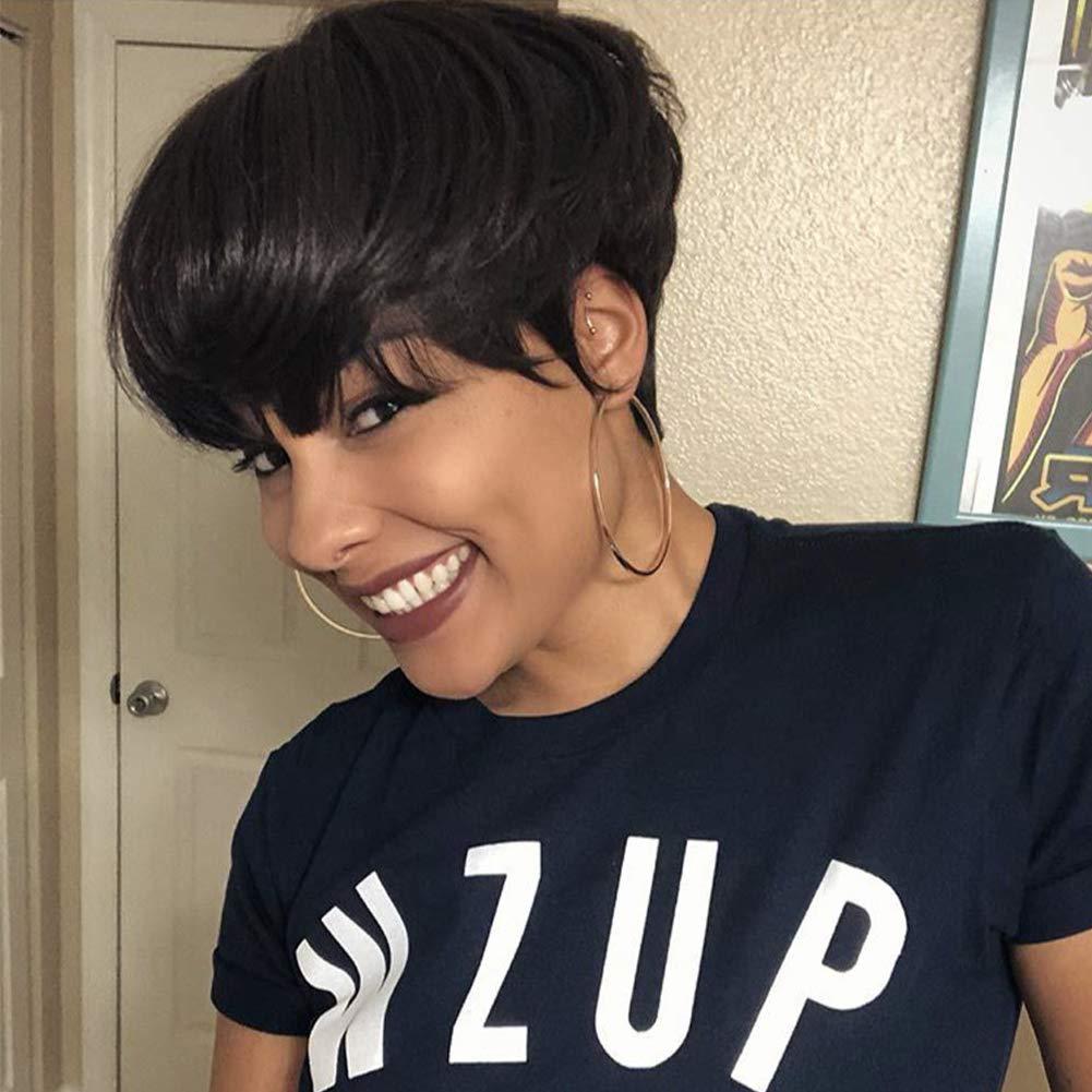 ENTRANCED STYLES Short Human Hair Pixie Wigs for Black Women, Natural Color Real Human Hair Short Layered Wig