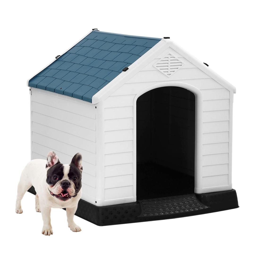 BLKMTY Small Dog House Outdoor Weatherproof Dog Houses Outside Dogs Kennel Durable Plastic Dog House Indoor Doghouse Puppy Shelter w/Elevated Floor Ventilation Doghouses Pet House, Blue