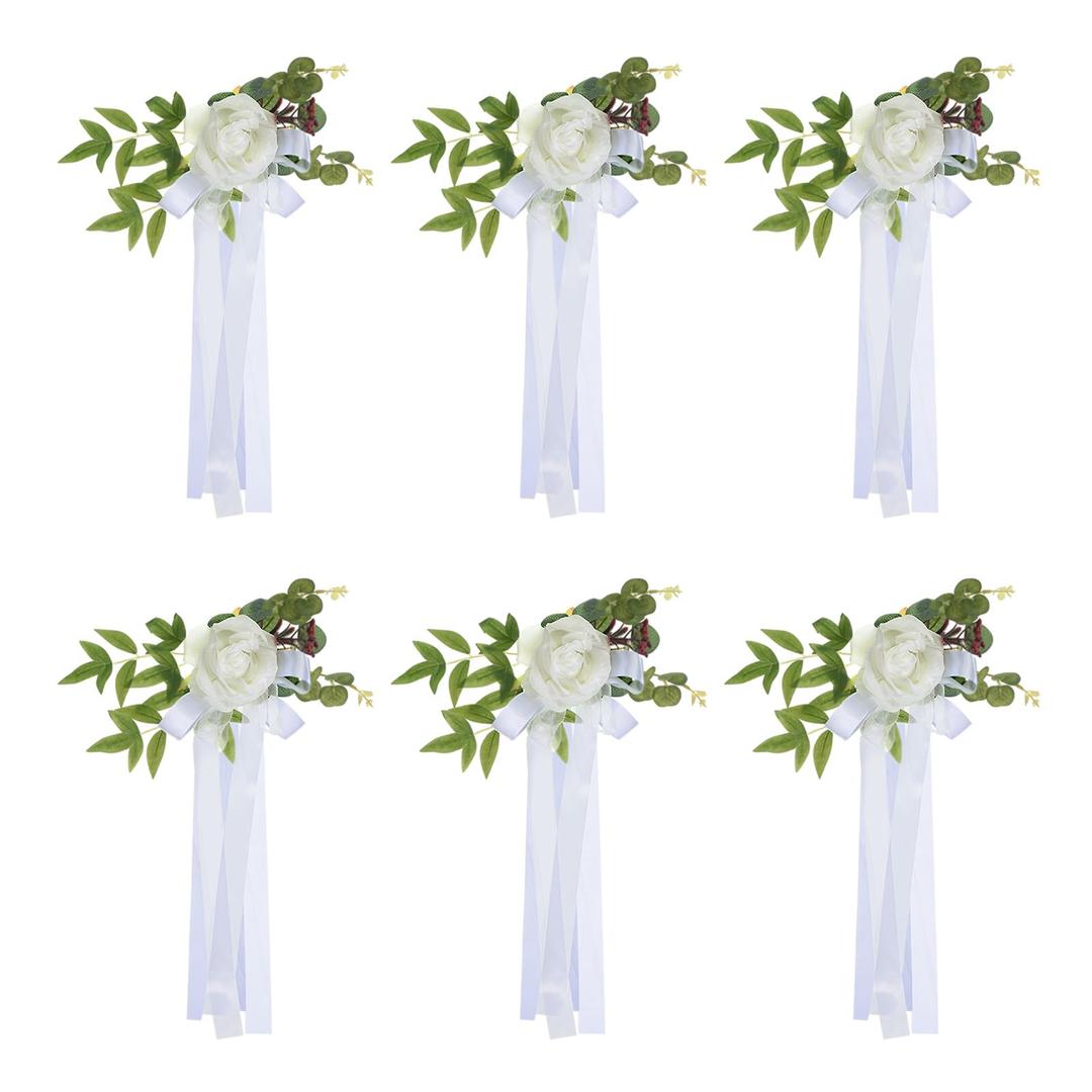 PATIKIL Wedding Chair Decorations Pew Flowers for Wedding Aisle Decoration Set of 6 Pew Flowers with Artificial Flowers Eucalyptus and Ribbons for Church Chair Party Ceremony, White