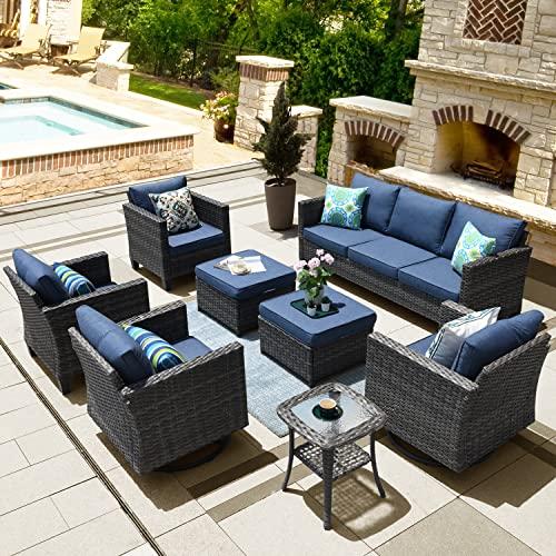 ovios Patio Furniture Set, 8 Piece Outdoor Wicker Sofa with Swivel Rocking Chairs and Comfy Cushions, High Back Rattan Couch Conversation Set, Denim Blue