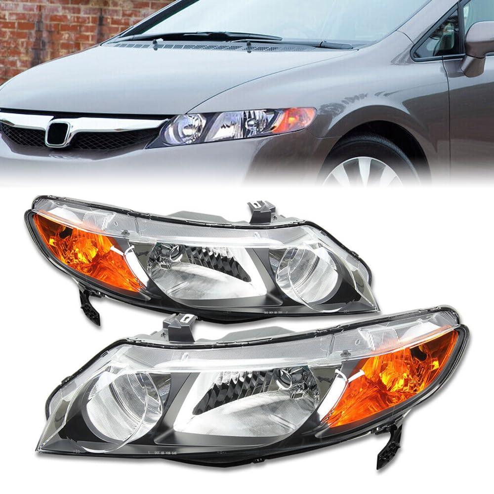 DIBON AUTO Halogen Headlights Assembly for 2006-2011 Honda Civic 4 Door Sedan Headlamp Black Housing Amber Reflector Driver and Passenger Side