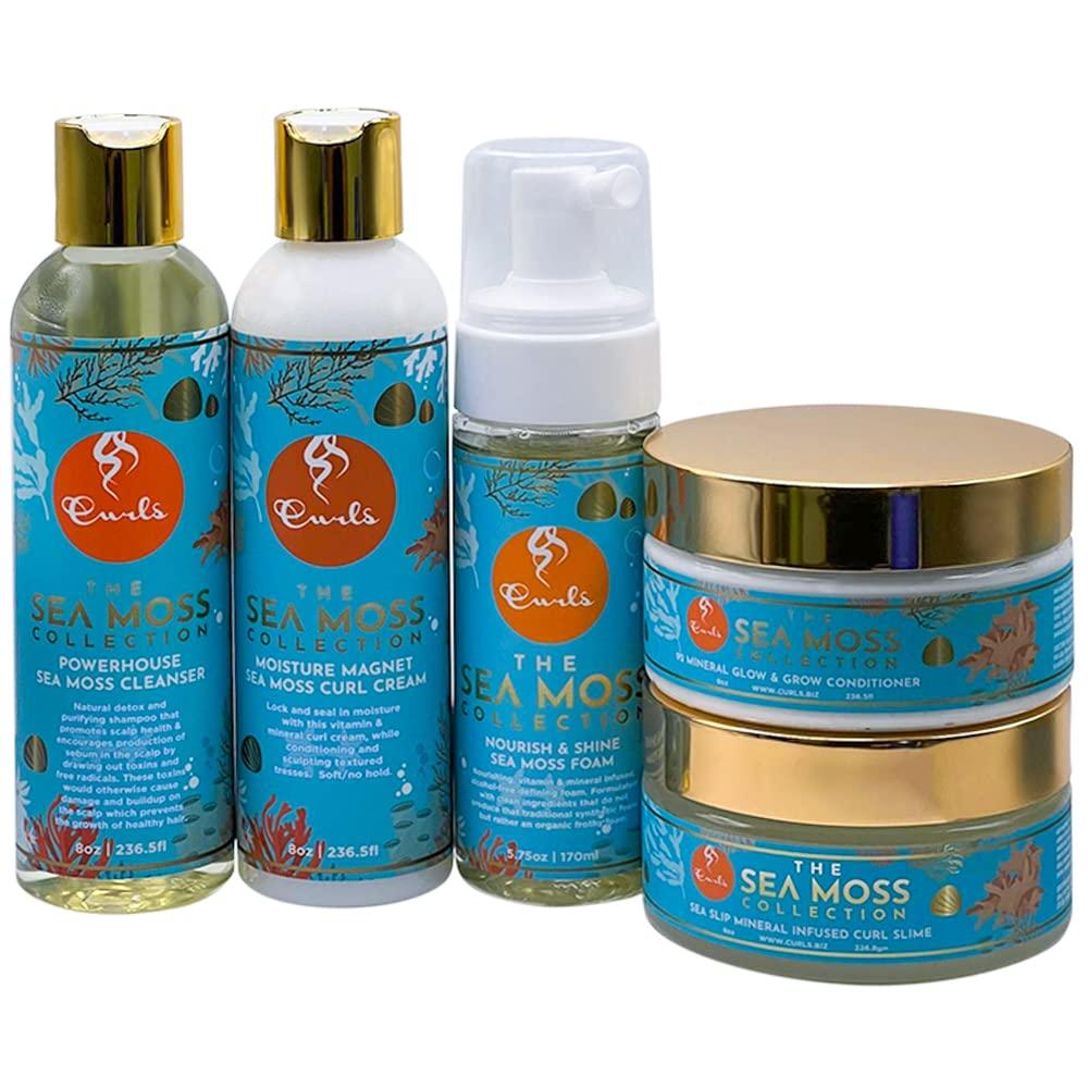 Curls The Sea Moss Collection – Natural Detox & Scalp Care, Growth & Retention - Moisturizing & Nourishing – Shampoo-Cleanser, Conditioner, Curl Cream, Shine Foam, Curl Slime - 5 PCS Bundle Set