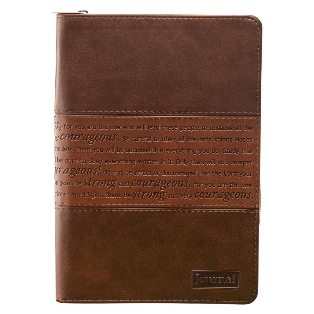 Classic Faux Leather Journal Strong and Courageous Joshua 1:57 Bible Verse, Brown Inspirational Notebook, Lined Pages w/Scripture, Ribbon Marker, Zipper Closure