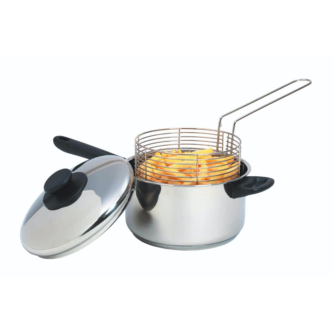 KitchenCraft Large Chip Pan with Basket and Lid 20cm, Induction Safe, Stainless Steel, Silver