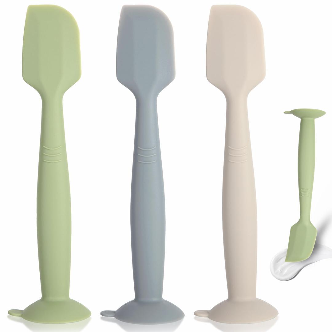 Baby Diaper Cream Spatula 3 Pack Diaper Spatula Soft Silicone Diaper Cream Applicator Baby Butt Paste Spatula Brush with Suction Base,Full Size(Gray+Off-white+Green)