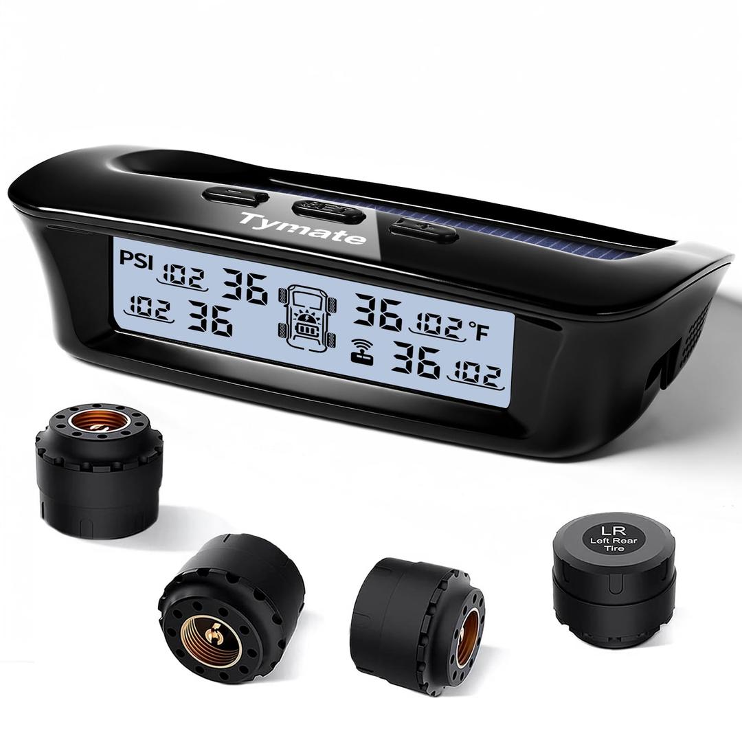 Tymate RV Tire Pressure Monitoring System - M12-3 Tire Pressure Monitor System (0-87 PSI) with Solar Charge, 5 Alarm Modes, Auto Sleep Mode, LCD Display, RV TPMS with 4 Sensors, Easy to Install