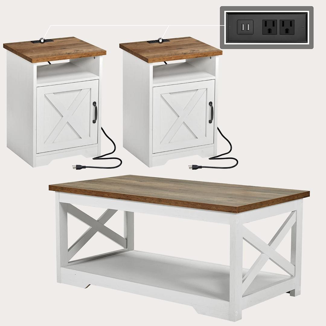 AMERLIFE 3-Piece Farmhouse Table Set Includes Coffee Table& Two End Tables, Side Table with Charging Station and USB Ports, for Living Room, Bedroom, Distressed White