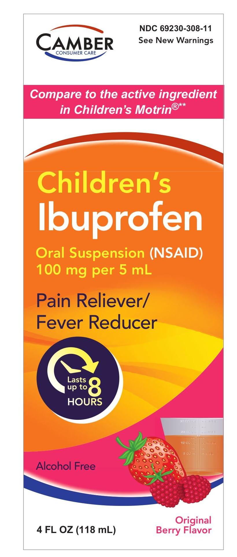 Camber Consumer Care Children's Ibuprofen Oral Suspension 100 mg per 5 mL, Pain Reliever and Fever Reducer (NSAID), Berry Flavor