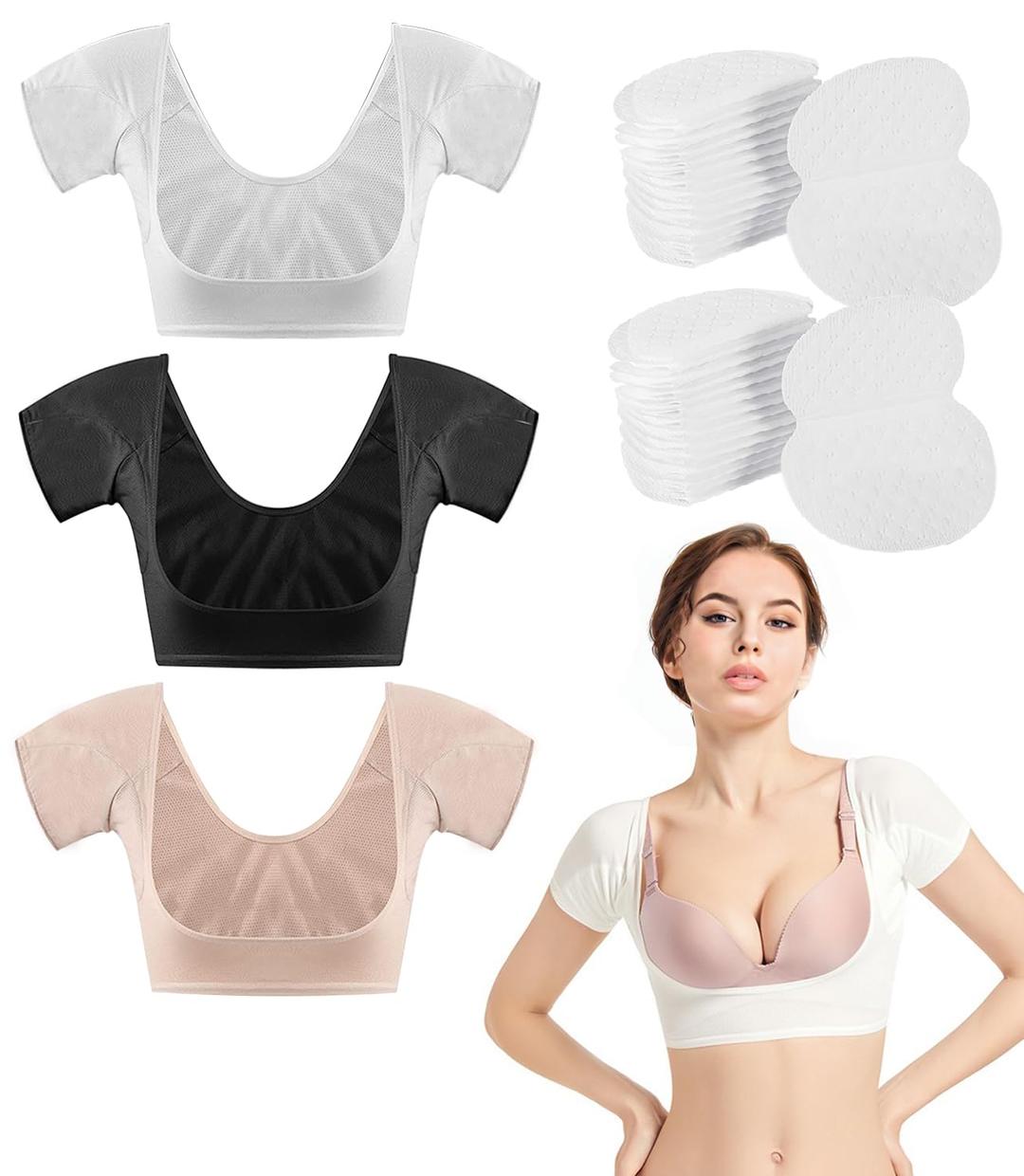 Underarm Sweat Pads for Women, Armpit Sweat 50 Pairs Pad and 3 Pcs Vest, Sweat Protectors & Dress Shields for Underarm Women Washable (M)