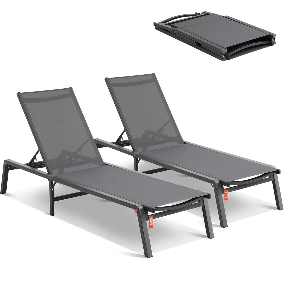 VEVOR 2 Pcs Chaise Lounge Chairs Outdoor, Aluminum Patio Lounge Chairs with Adjustable 5-Position, Folding Pool Lounge Chairs Recliner and Full Flat Tanning Chairs for Patio, Beach, Pool, Grey, 2 pcs